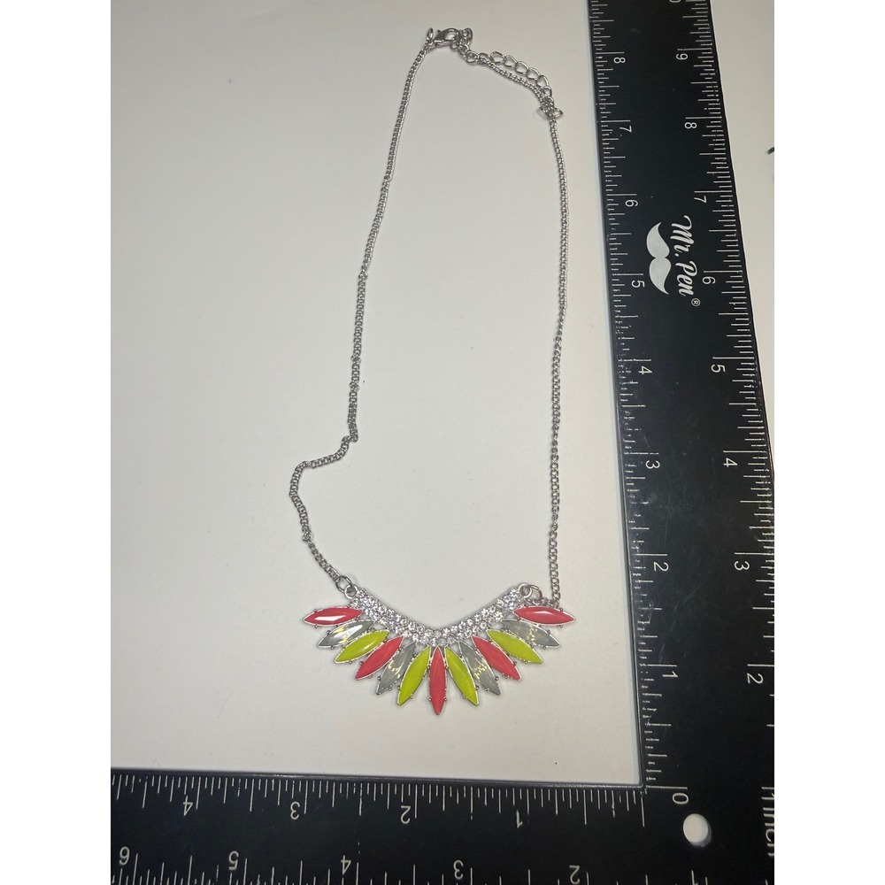 Silver Tone Neon Pink Lime Green Bib Statement Necklace‎ Rhinestone Accent 18in